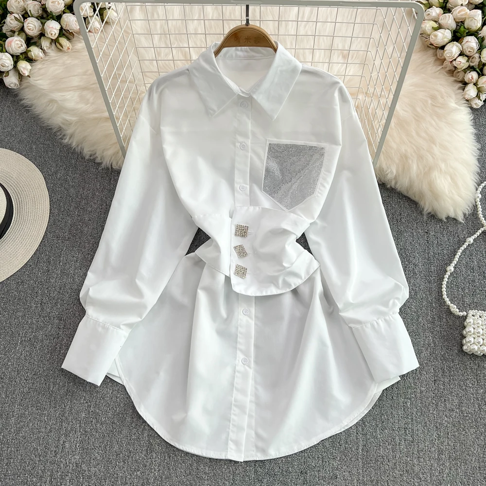 

SuperAen Spring 2022 Casual Single Breasted Solid Turn Down Collar Waist-sealed Shirt Dress Womens Tops