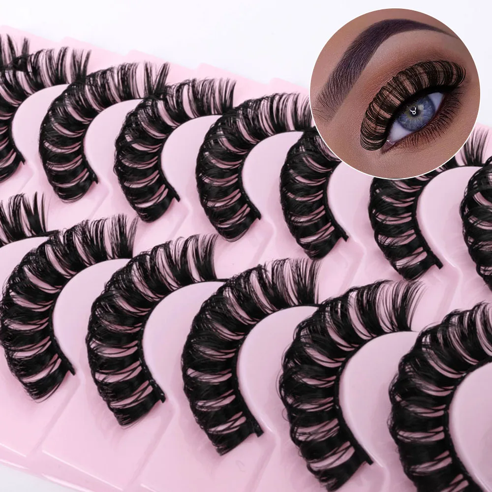 

10Pair Russian Style Strip Lashes D Curl Mink False Eyelashes Full Curled Natural Long Curled Full for Party Halloween Cosplay