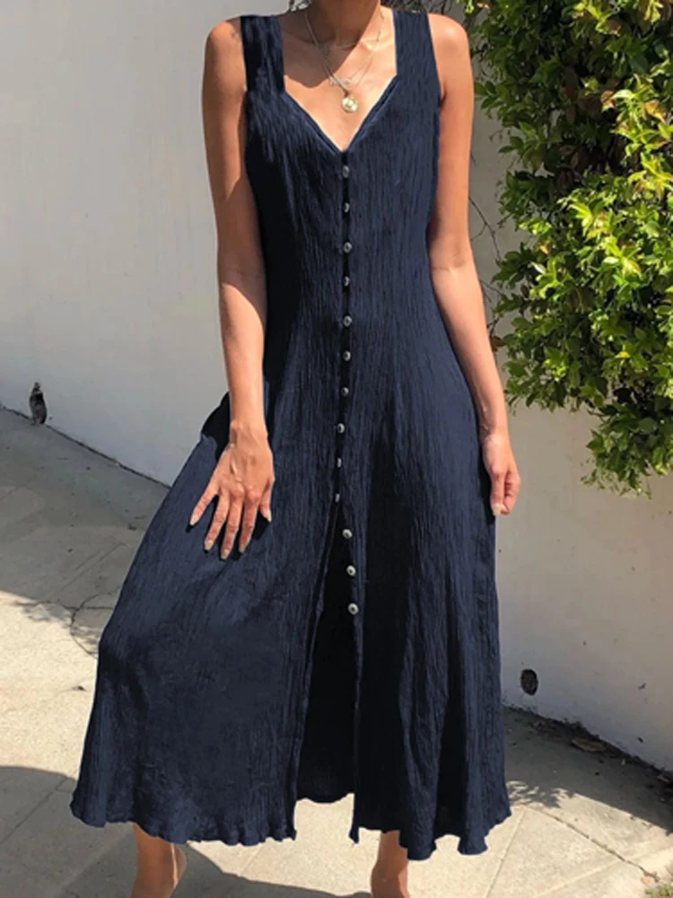

Women's Fashion Linen Loose Solid Dress Vintage Single Breasted Sling V Neck Dress Ladies Casual Sleeveless Cool Summer Dresses
