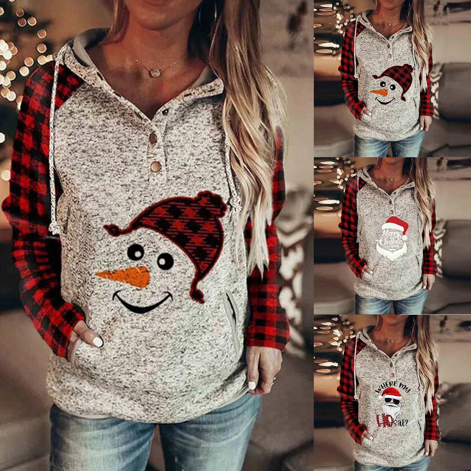 

Повседневная зимняя куртка, Женский пуловер, толстовки в клетку, с рождественским принтом снеговика B, с карликом, на пуговицах, длинные женс...