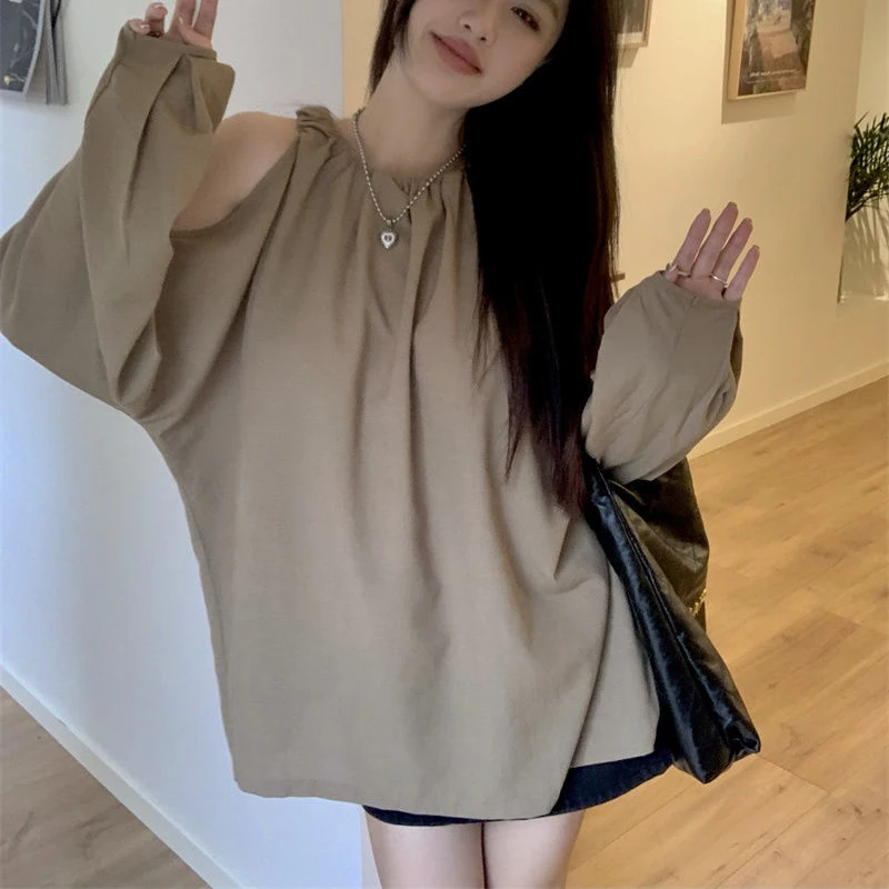 

Sexy Off Shoulder Long Sleeve Shirt for Women Autumn New French Gentle Style Loose Tops Khaki Blouse O-neck Clothes Blusas 29210