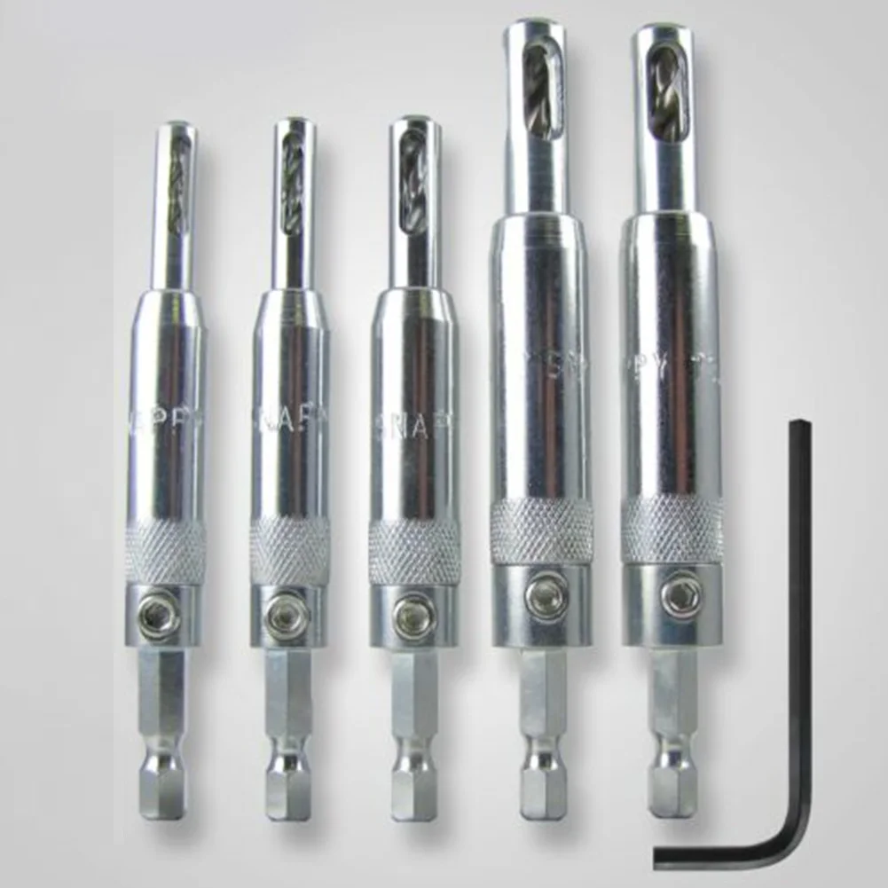 

5pcs Self-centering Drill Bit High Speend Steel Woodworking Hinge Drill 1/4" Hex Handle Hole Guide For Installing Door Hinge
