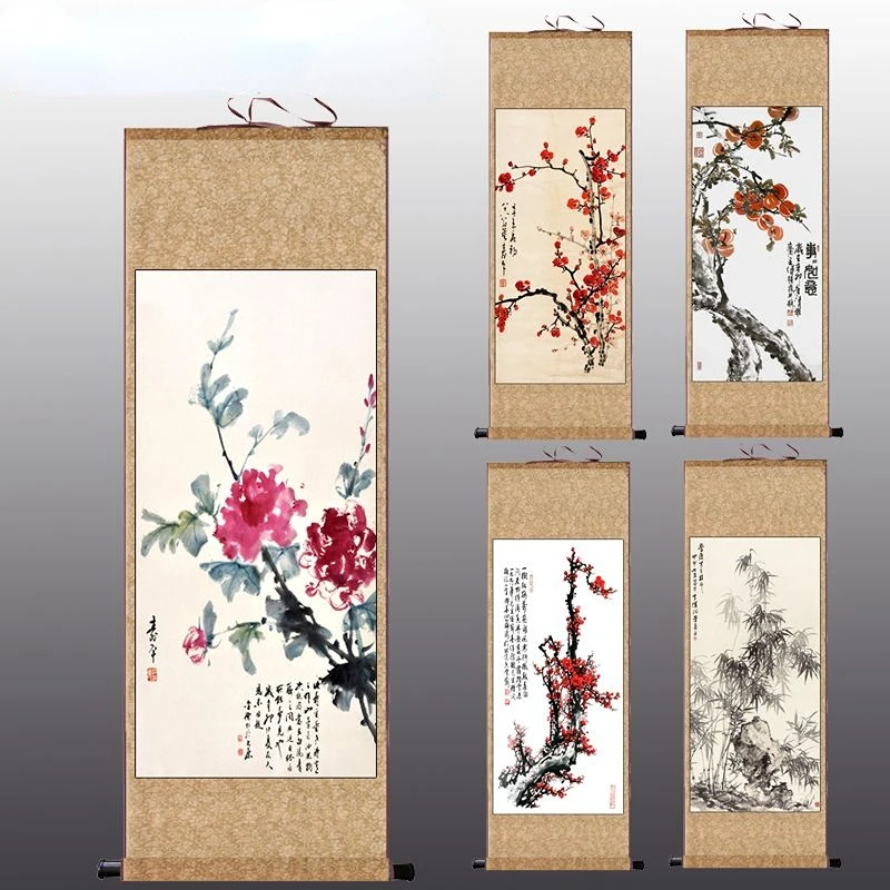 

Chinese Style Flower Scroll Wall Paintings Bamboo Picture Vintage Room Decor Aesthetic Living Room Office Decals Posters
