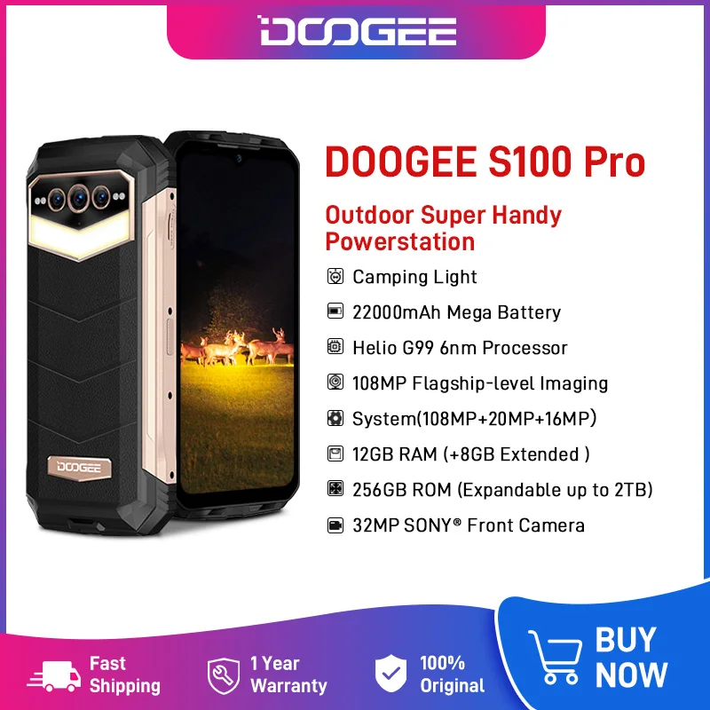 DOOGEE S100 Pro Camping Light Rugged 6.58" 120Hz FHD Display Helio G99 6nm Octa Core 108MP AI Triple Camera 22000mAh 12GB 256GB