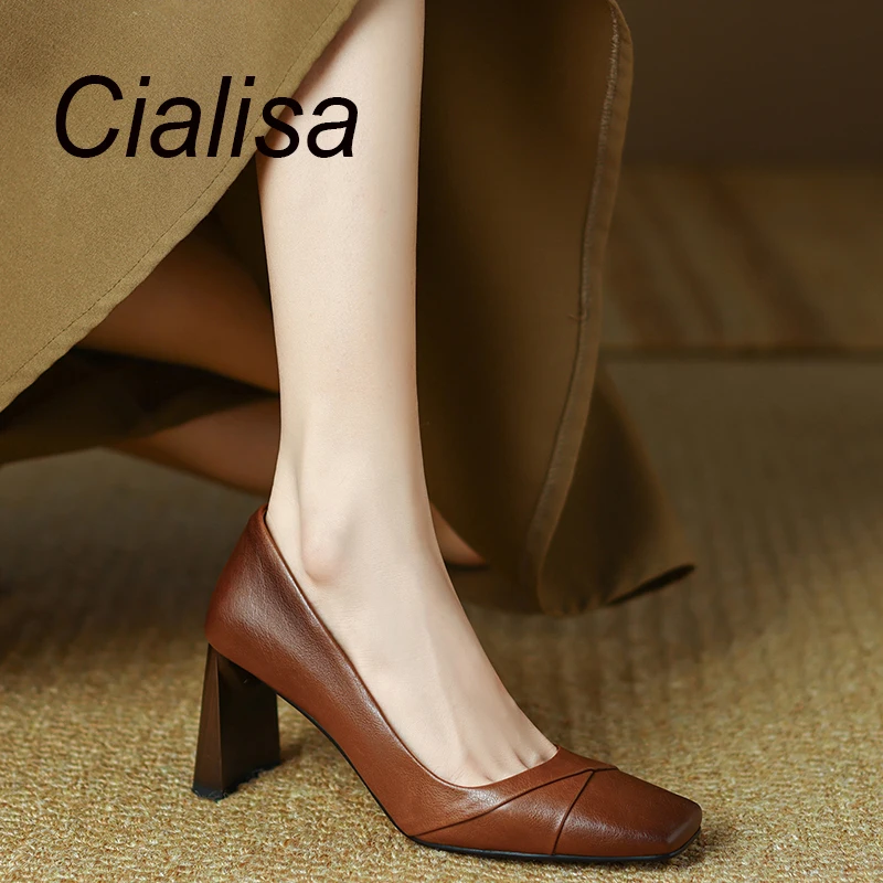 

Cialisa Women Pumps New Arrival 2022 Autumn Vintage Square Toe Genuine Leather Handmade Party Dress Ladies High Heels Shoes 42