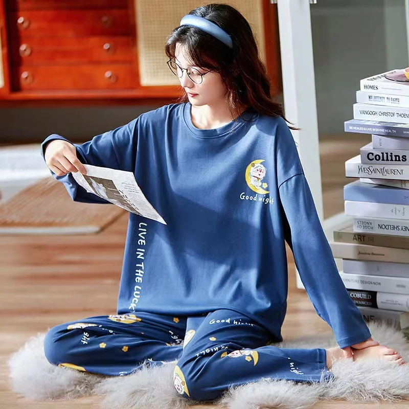 100% Cotton Pyjamas Suits Women Spring Autumn Round Neck Sweet Cute Leisure Lounge Sleepwear Home Clothes 2 Pieces /Sets Hom