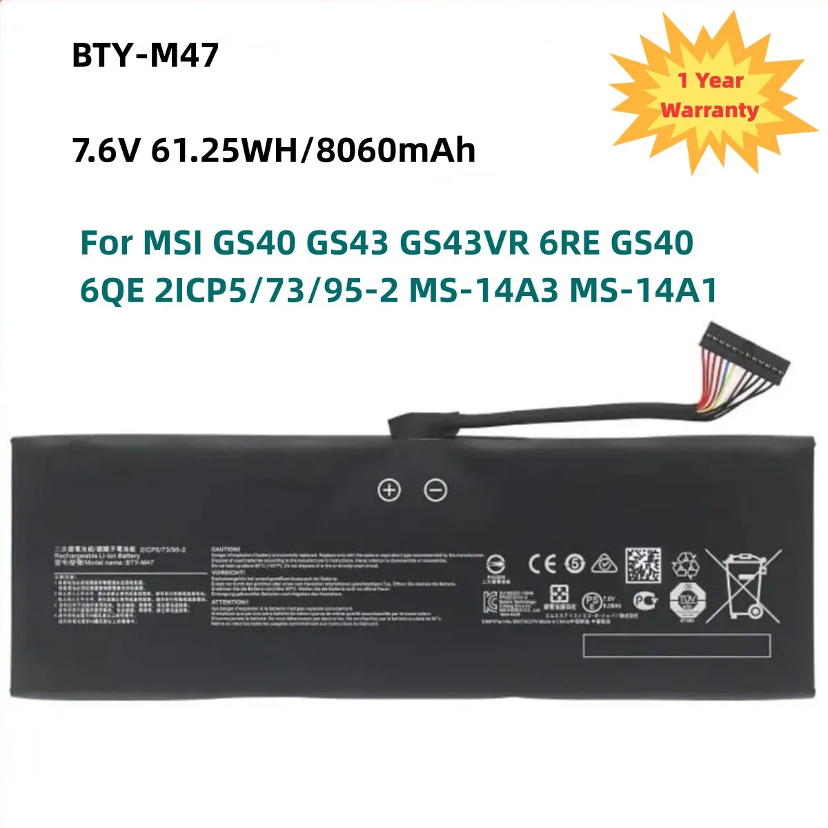 BTY-M47 Аккумулятор для ноутбука MSI GS40 GS43 GS43VR 6RE 6QE 2ICP5/73/95-2 MS-14A3 MS-14A1 7 6 в 61.25 Вт/ч/8060 мАч