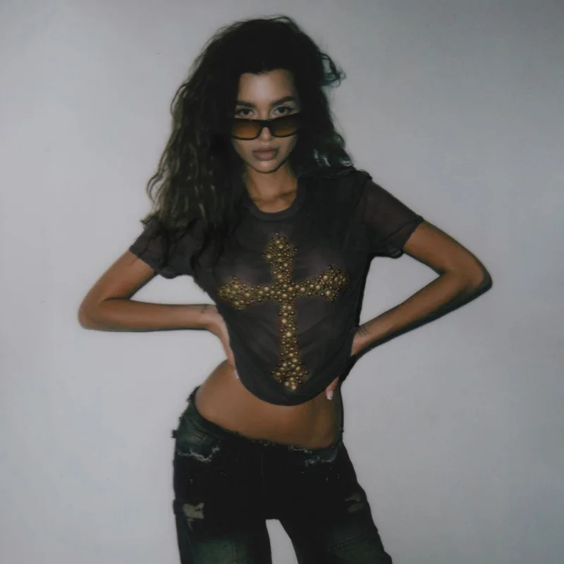 

Gothic Criss Cross Diamond Print T-Shirt Women Vintage Hip Hop Dark Punk Grunge Short Sleeve Slim Tees E-girl Halloween