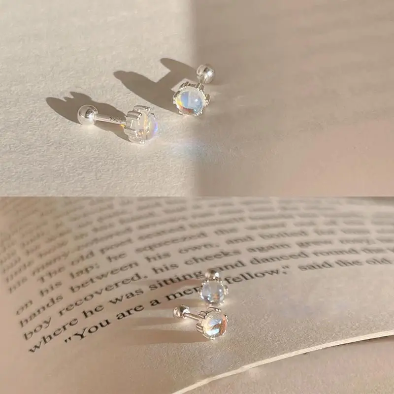 

[Light] S925 Sterling Silver Moonstone Stud Earrings Women's 2021 Summer New Trendy Simple Earrings Small Earrings