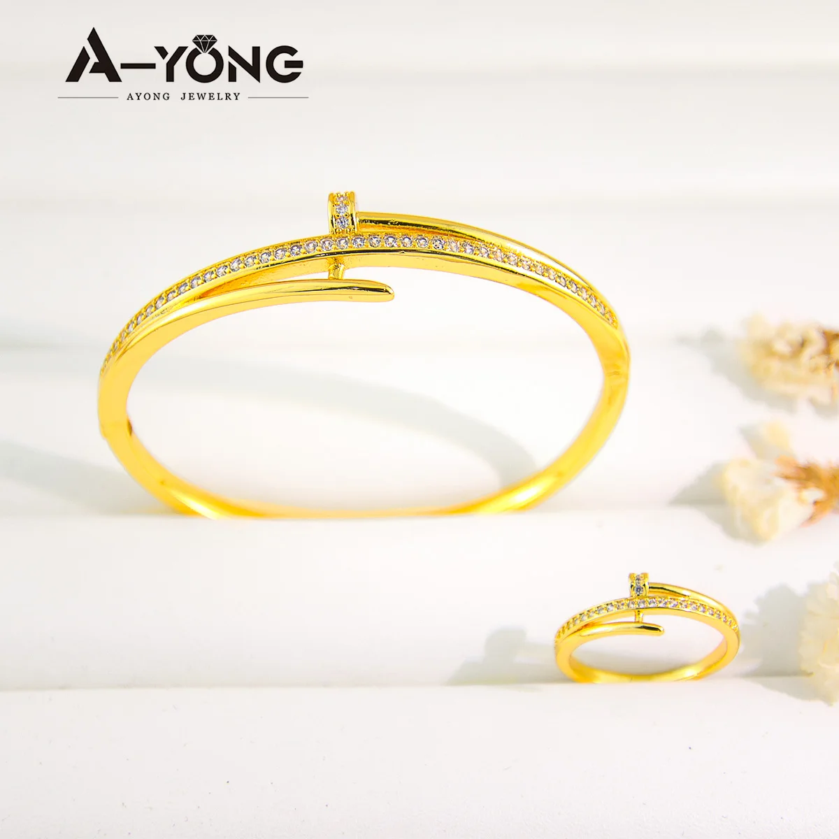 

Gold Color Zirconia Cuff Bangles Set 21k Gold Plated Women Elegant Bracelet Ring Sets Dubai Luxury Vintage Jewelry Gifts