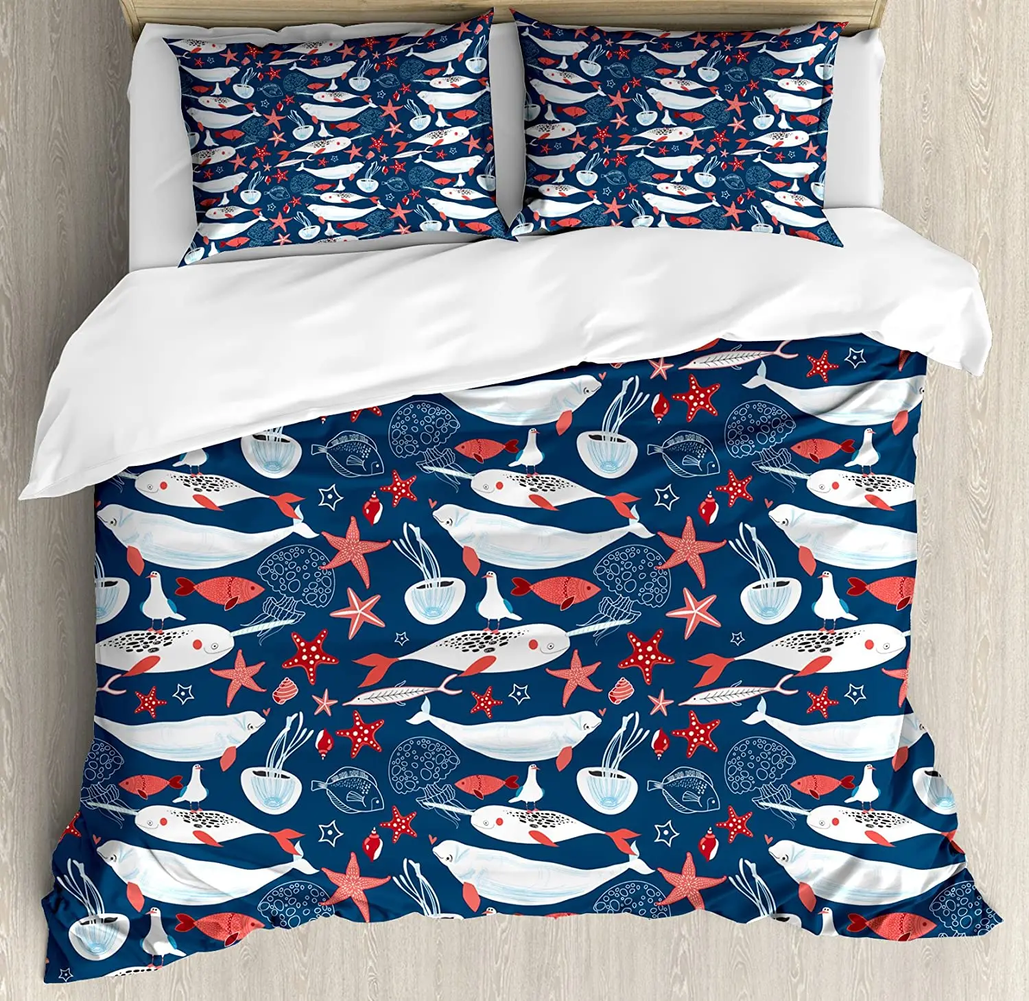 

Narwhal Bedding Set For Bedroom Bed Home Arctic Ocean Fauna with School of Fish Narwhal a Duvet Cover Quilt Cover And Pillowcase