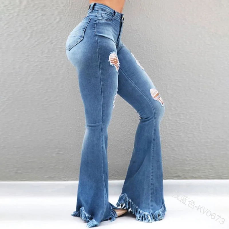 Women Ripped Vintage Fashion All-match Slim Pants 2023 Ladies Denim Flare Jeans Denim Skinny Female Wide Leg Hole Trousers Pop