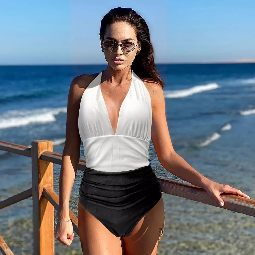 

Black White 2021 Women Sexy One Piece Swimsuit Solid Swimwear Female Thong Brazilian Bather Monokini Bathing Suit Beachwear