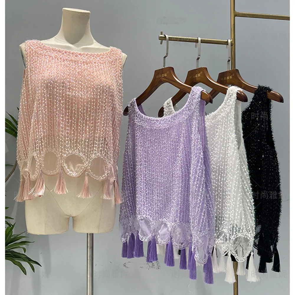 Женский комплект из майки и шортов, летний комплект из двух предметов, топ без рукавов с жемчужными бусинами и кружевные шорты с бахромой, жилет с бисером ручной работы