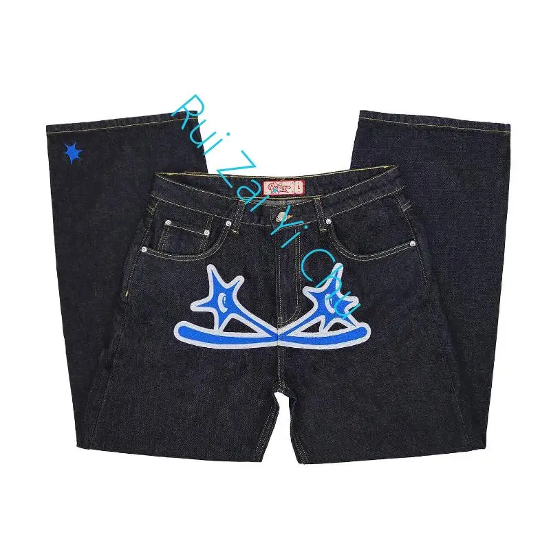 New Harajuku Style Retro Straight Casual Wide-Leg Pants Couple Loose High-Waisted Jeans Street Pop Gothic Print Jeans Women Y2K