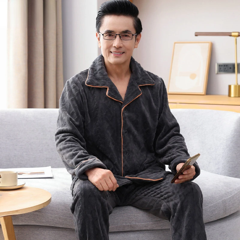 New Autumn Winter Luxury Male's Pajamas Thick Sleep Tops Nightwear Turn-down Collar Loungewear Soft Flannel Men's Sleepwear