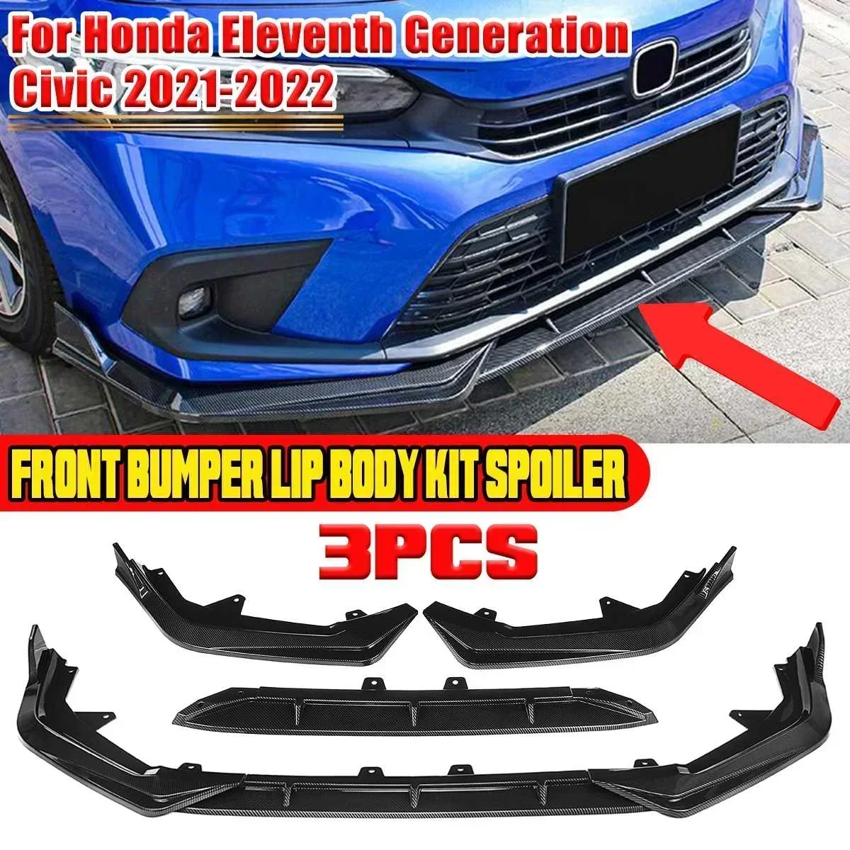 3xCar Front Bumper Lip Spoiler Deflector Lips Splitter Guard For Honda Civic 11th Eleventh Generation 2021-2022 Body Kit