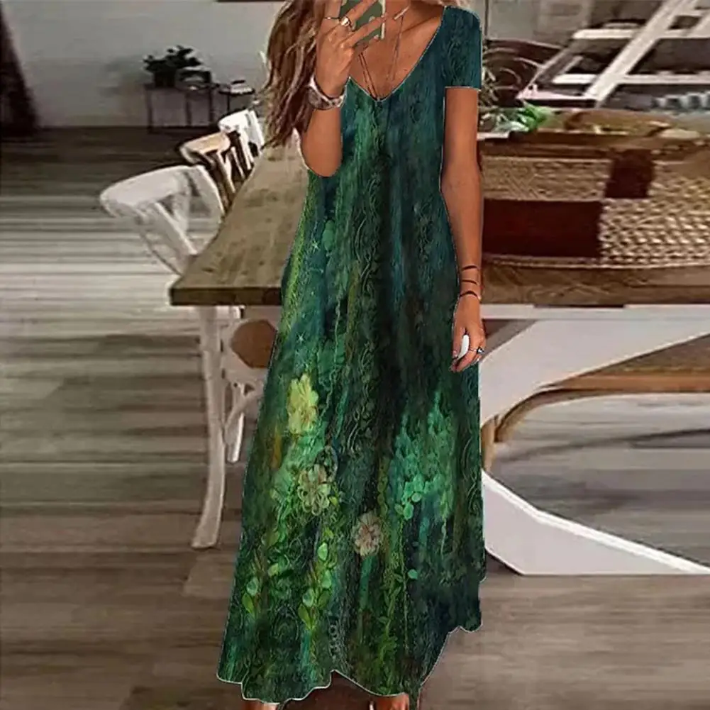 

Floral Print A-Line Maxi Dress V-Neck Short Sleeve Large Hem Elegant Dress Stylish Waist Tight Summer Dress For Daily Wear