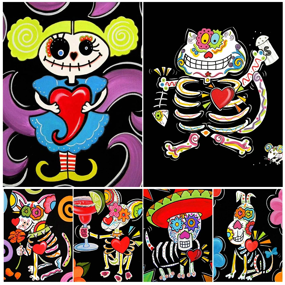 

Cute Animal Skeleton Mexican Day of the Dead Poster Wall Art Canvas Painting Home Decor Wall Pictures For Living Room Unframed