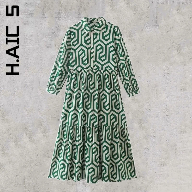 

H.Aic S Vintage Geometric Print Pleats Pleats Ruffles A Line Slim Midi Shirt Dress Robe Dresses Woman