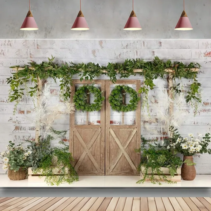 

Spring Style Brick Wall Backdrop Barn Door Garden Background for Photography Theme Party Decoration Photo Booth Studio Props