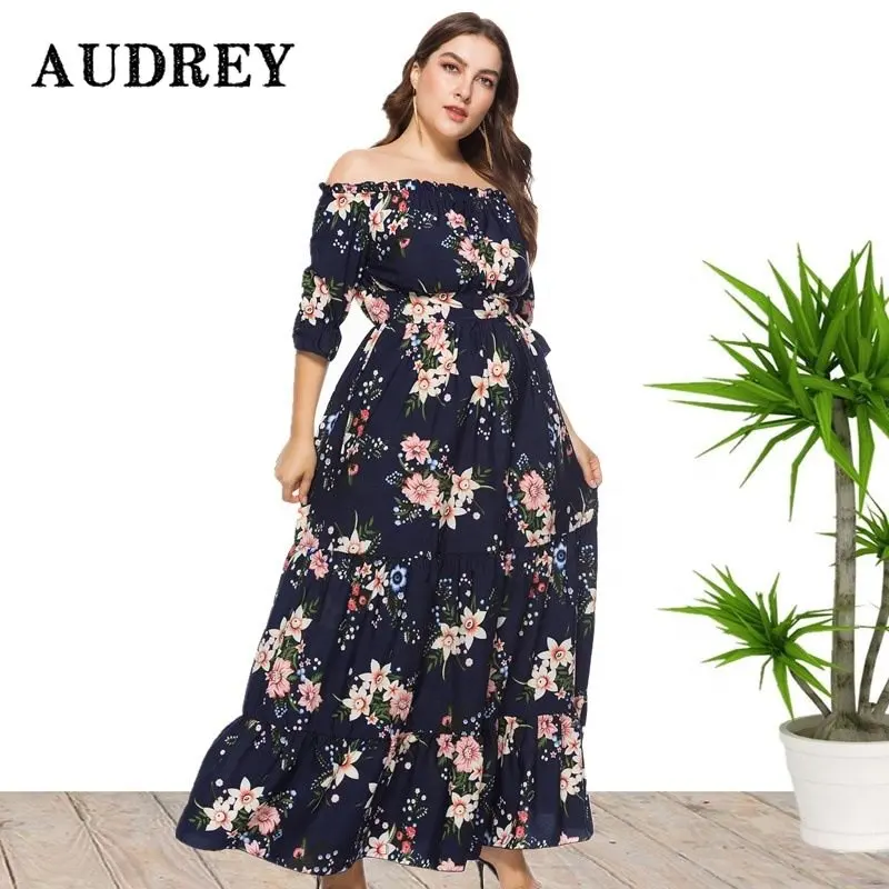 

Chic Floral Print Off Shoulder Short Sleeve Boho Maxi Dress Women Ruffle Neck A-line Plus Size Dress Ladies Beachwear Prom