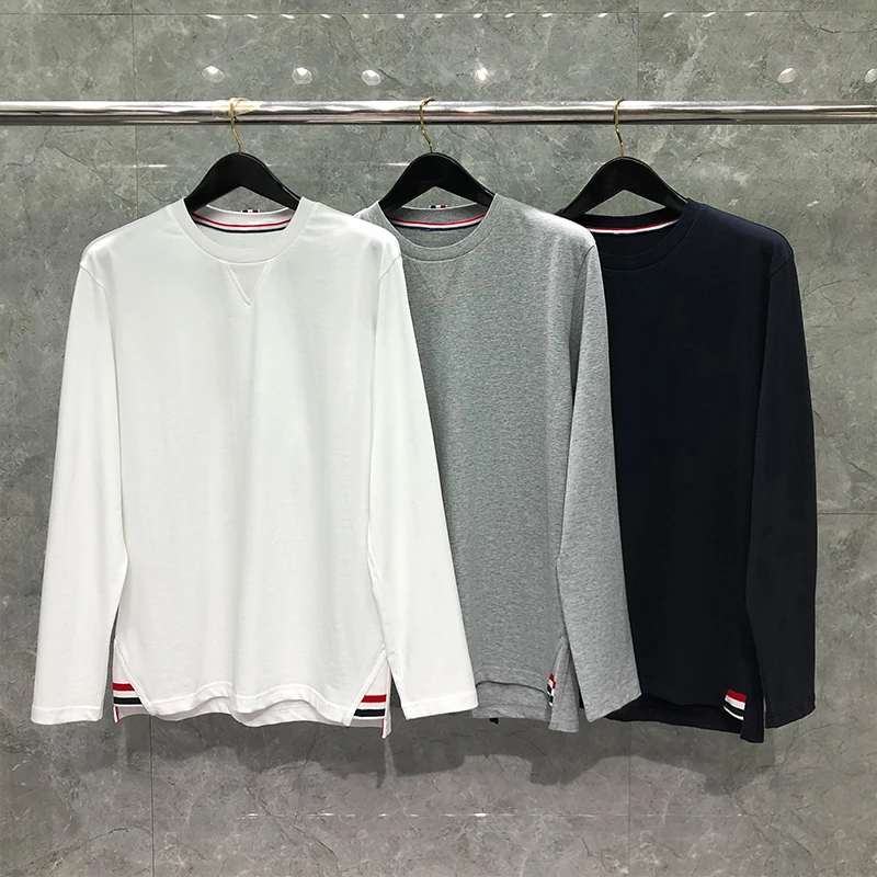 

TB THOM Men’s T-shirt Korean Style Casual Cotton Tee Classic Striped Lower Hem Trim Round Neck Long Sleeve Sweatshirt