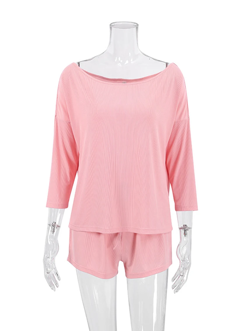 Marthaqiqi Ice Silk Rib Women Pajamas Set Sexy Oblique Shoulder Long Sleeve Sleepwear Drawstring Shorts Women'S Summer Suit