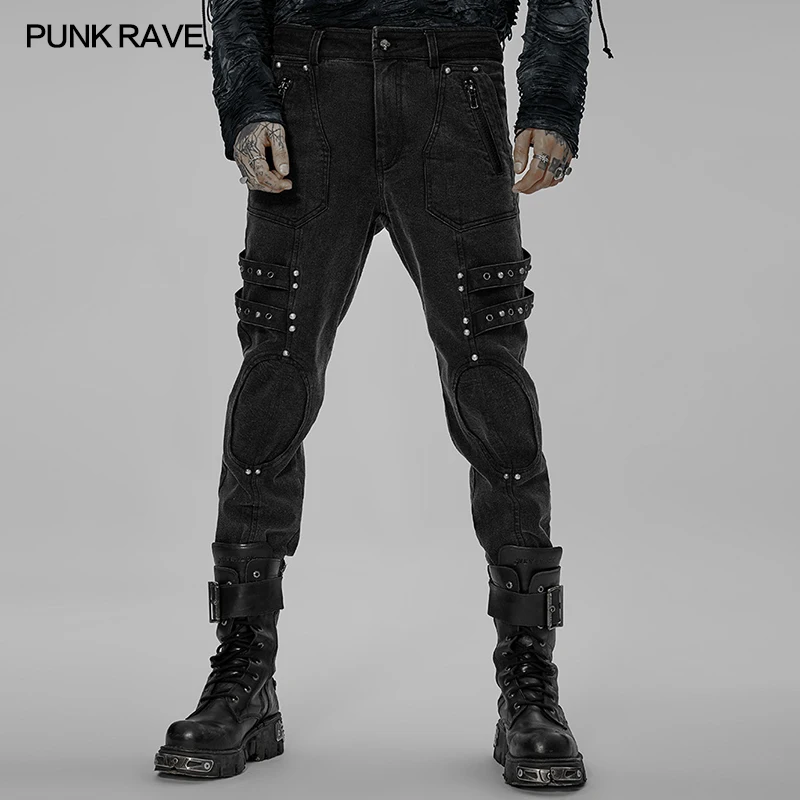PUNK RAVE Men's Post-apocalyptic Style Micro Elastic Twill Denim Pants Punk Pockets Loops & Eyelets Decorate Black Trousers