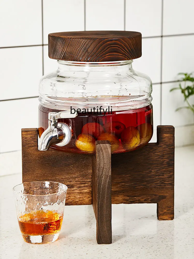 

zq Wooden Lid Sealed Glass Bottle with Faucet Medical Wine Jar Greengage Wine Decorative Wine Bottle