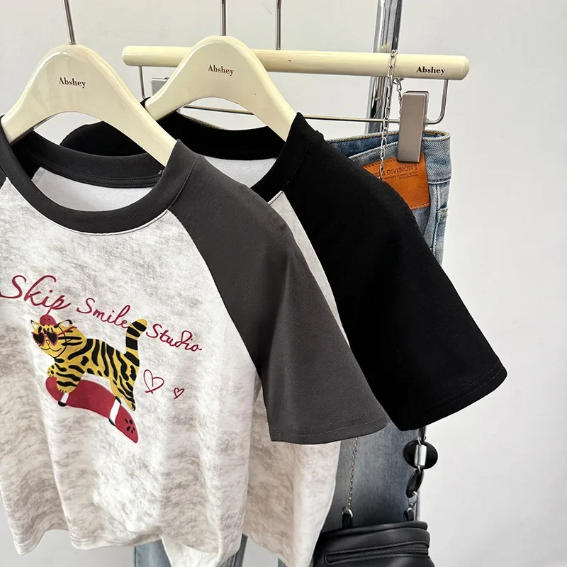 2024 летняя новая женская футболка с коротким рукавом и цветными блоками топ