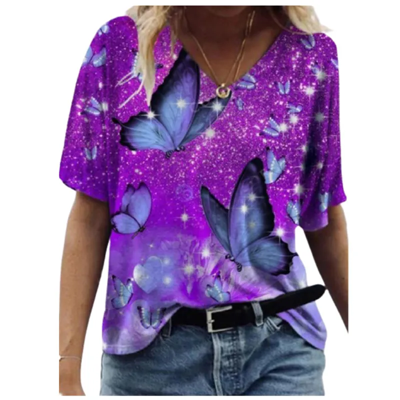 

2022 Women Plant Flowers Print T-shirt Casual Loose Short Sleeve V-Neck Streetwear Plus Size 5XL