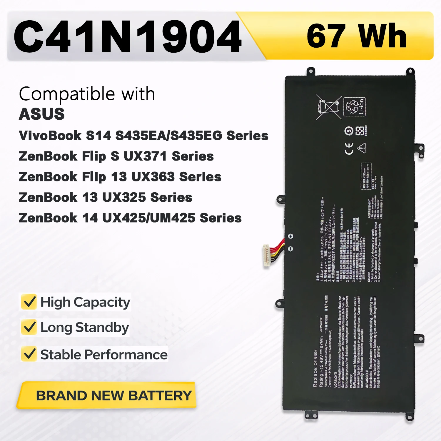 Фото Аккумулятор PowerHub C41N1904 15.48V 67Wh для ноутбуков ASUS ZenBook 14 UX425, UM425, UX325, UX363, UX371 (замена C41N1904) №1