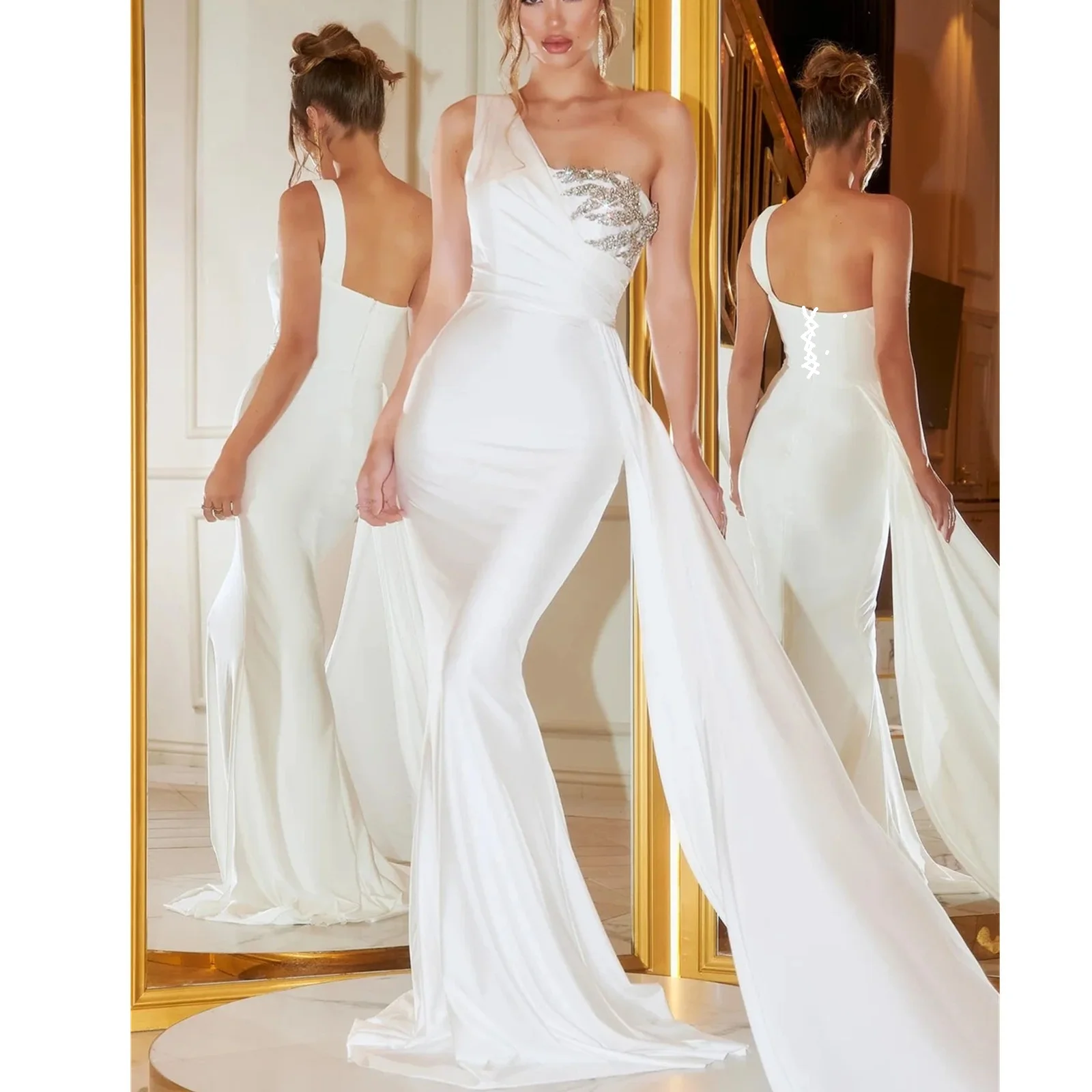 

Женское атласное платье с юбкой-годе, сексуальное платье на одно плечо для выпускного вечера, для официальной вечеринки, для второго приема, платье подружки невесты, индивидуальный пошив