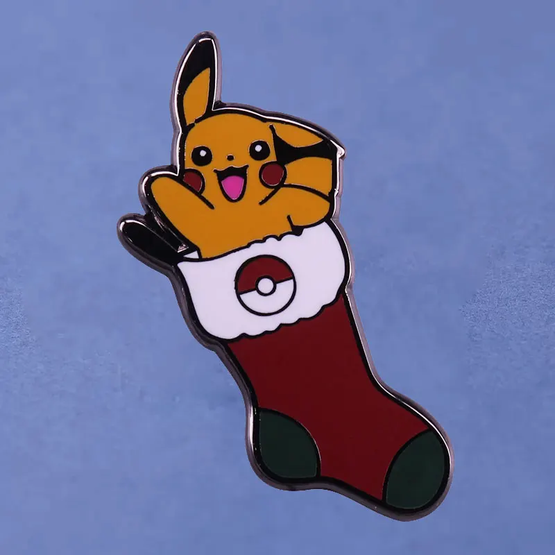 

Christmas Stockings Pikachu Enamel Pin Collect Pokemon Poke Ball Logo Metal Cartoon Brooch Backpack Hat Bag Collar Lapel Badges
