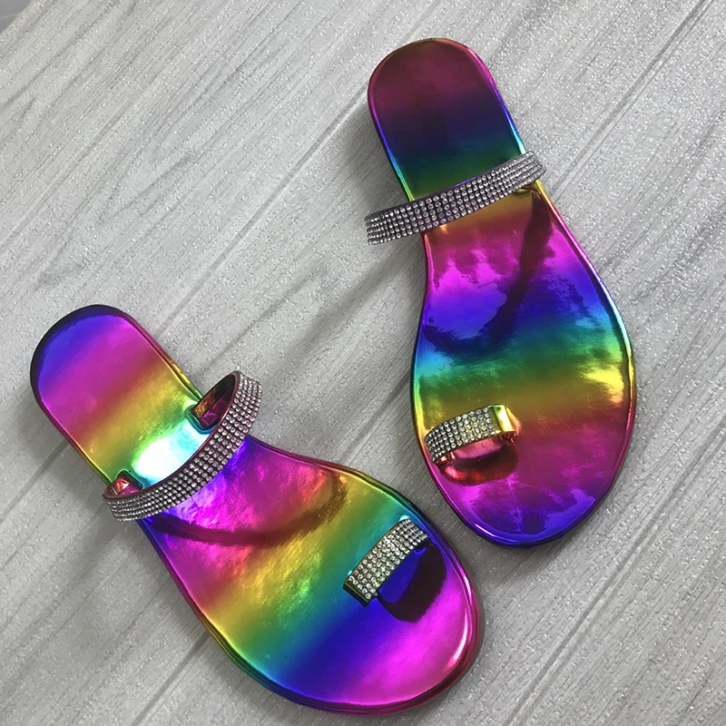 Summer Casual Beach Flats Shoes Flip Flops Women Slippers Slip On Slides Rainbow Rhinestones Fashion Slippers Sandals Woman Shoe