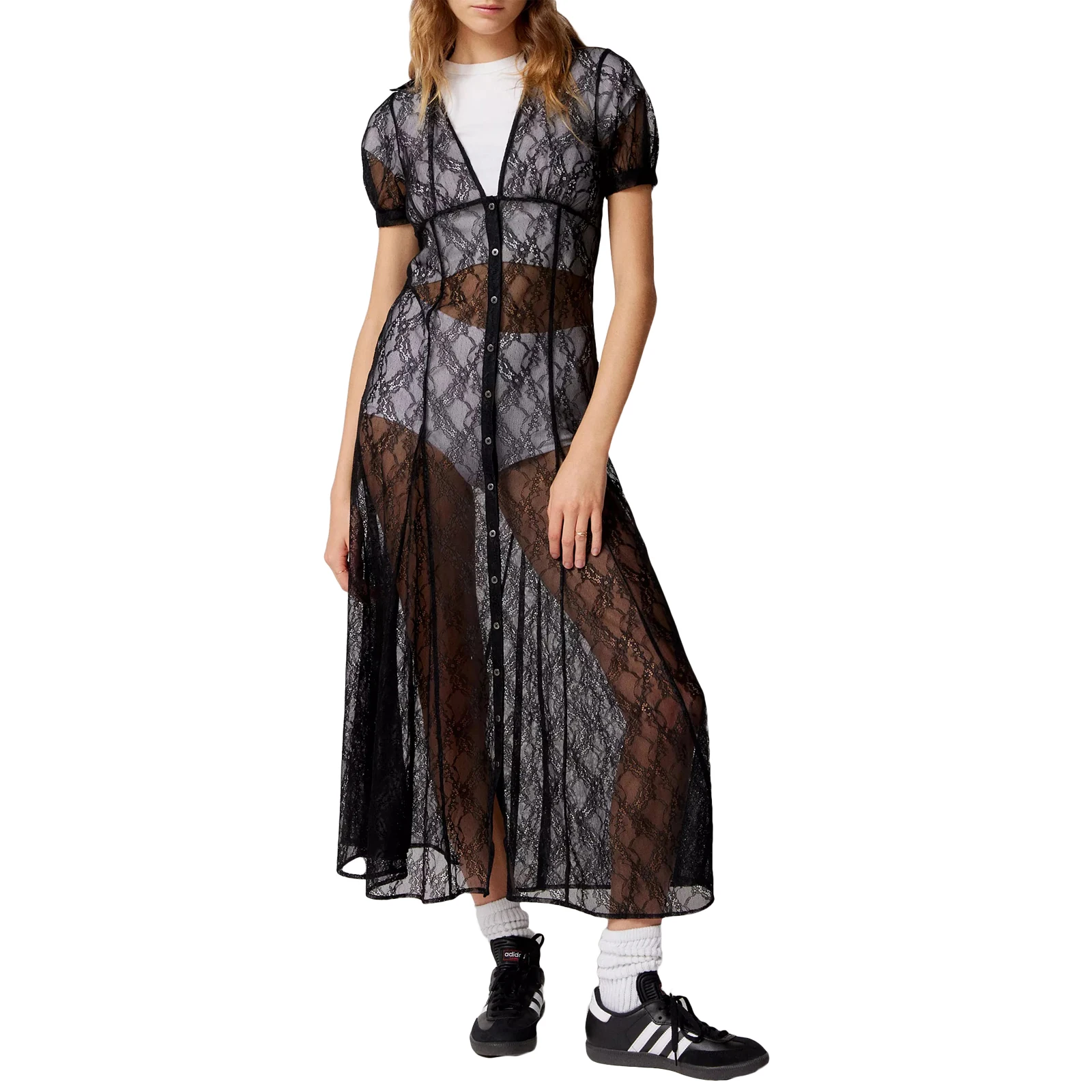 

2023 New Women Summer Midi Cocktail Dress Black Short Sleeve V Neck Sheer Lace Floral Dress Night Out Long Dress for Party Club