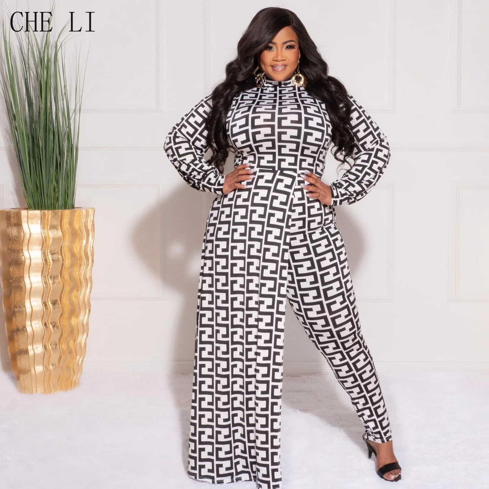 L~4XL Plus Size Women's Clothing 2022 Autumn and Winter New Products with Pattern Print Fake Two-piece Long-sleeved Jumpsuit