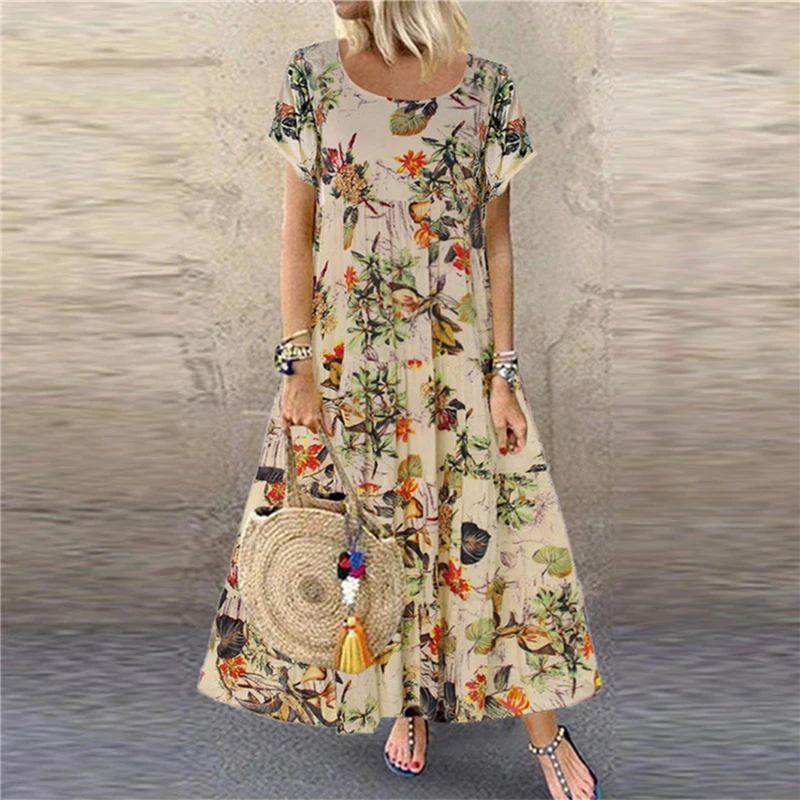 

Women Retro Floral Print Long Dress Summer Elegant Cotton Linen Ruffle Boho Beach Maxi Dresses Casual O-Neck Holiday Party Dress