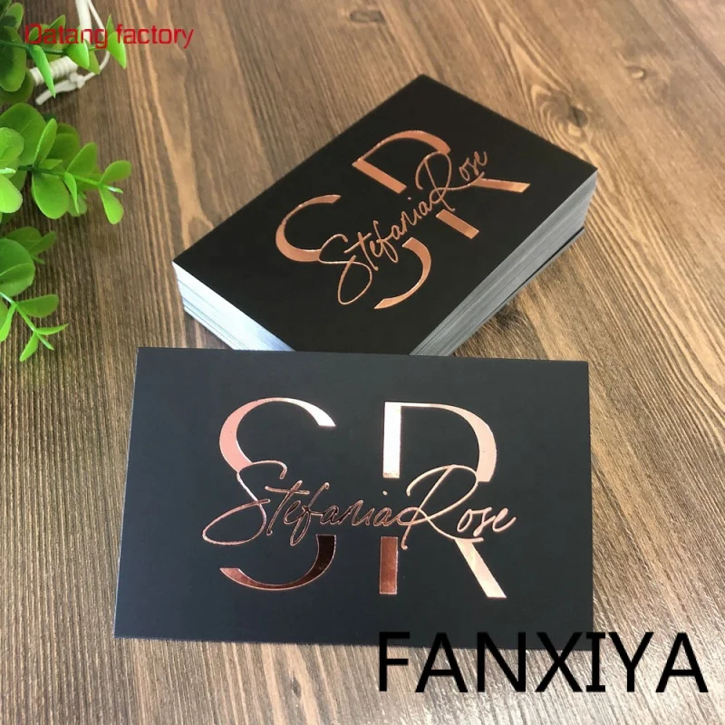 

Customaized luxury elegant 300gsm rose gold foil black greeting card business thank you cards with metallic logo