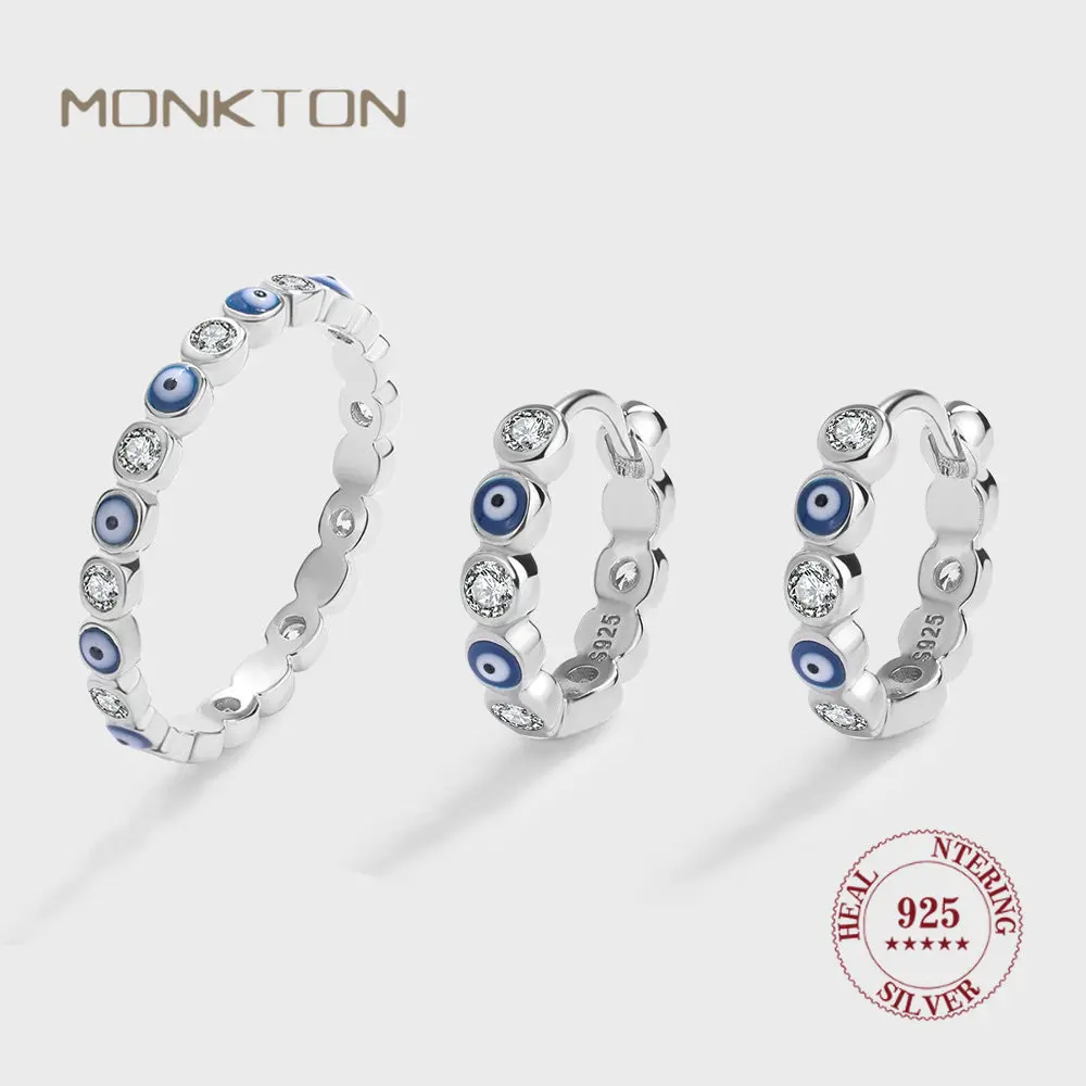 

Monkton Demon Eyes Jewelry Set for Women 925 Sterling Silver Finger Rings with Blue Enamel Zicron Hoop Earrings Wedding Brands