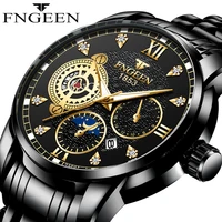 fngeen fashion mens watches luxury stainless steel quartz wristwatch calendar luminous clock men business casual men watch