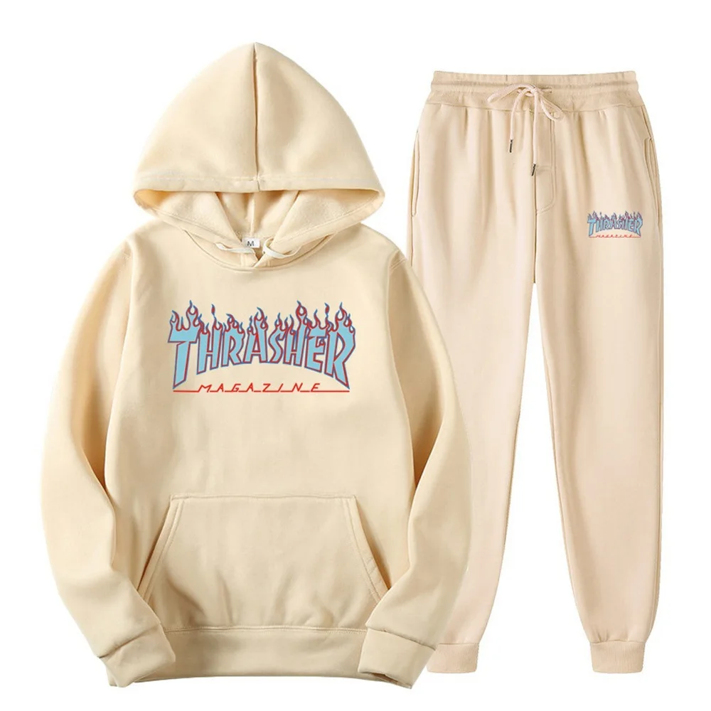 Blue THRASHER Print Alphabet men's hoodie Men plus fleece pullover men's hoodie Trend suit