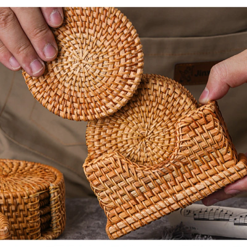 

Creative Rattan Weaving Coaster Dining Table Anti Scald Pad Set Hand Woven Storage Basket Insulation Bowl Mat Tea Set Accessory