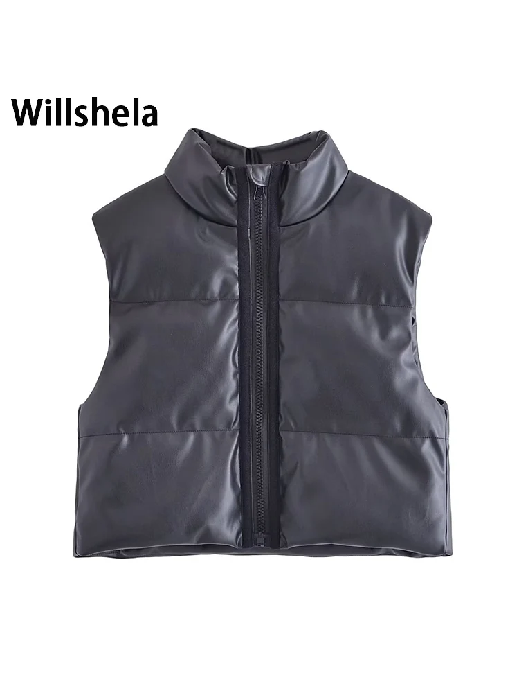 

Willshela женский модный однотонный топ из искусственной кожи на молнии спереди, винтажный Топ без рукавов с высоким воротом, Женский шикарный ж...