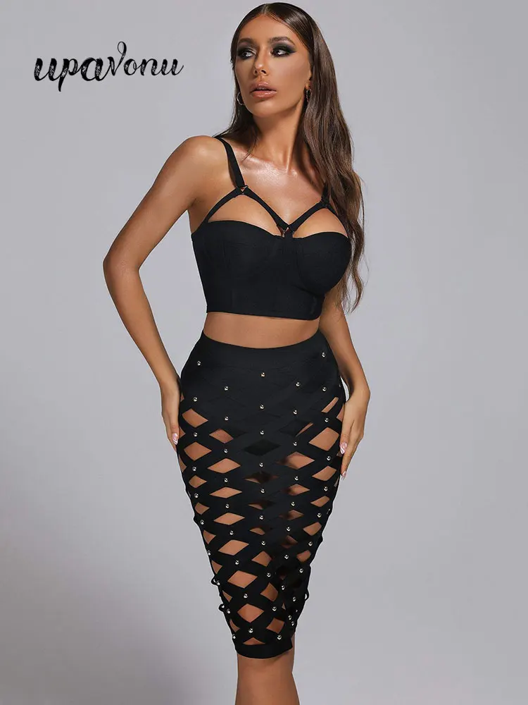 Summer Sexy Women's Bandage Short Dress Set 2022 Fashion Sling Vest Top&Rivet Hollow out Design Mini Dress&Leggings 3 Piece Set