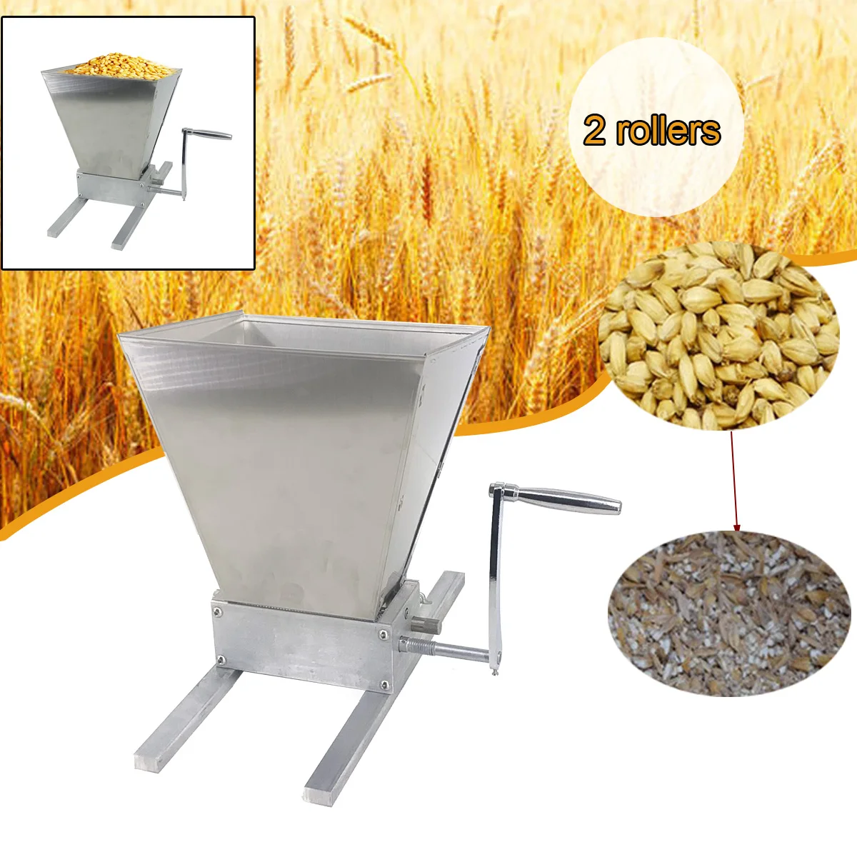 2 Rollers Grains Mill Grinder Food Processors Large Capacity Manual Stainless Steel Malt Corn Grain Crusher Double Roller