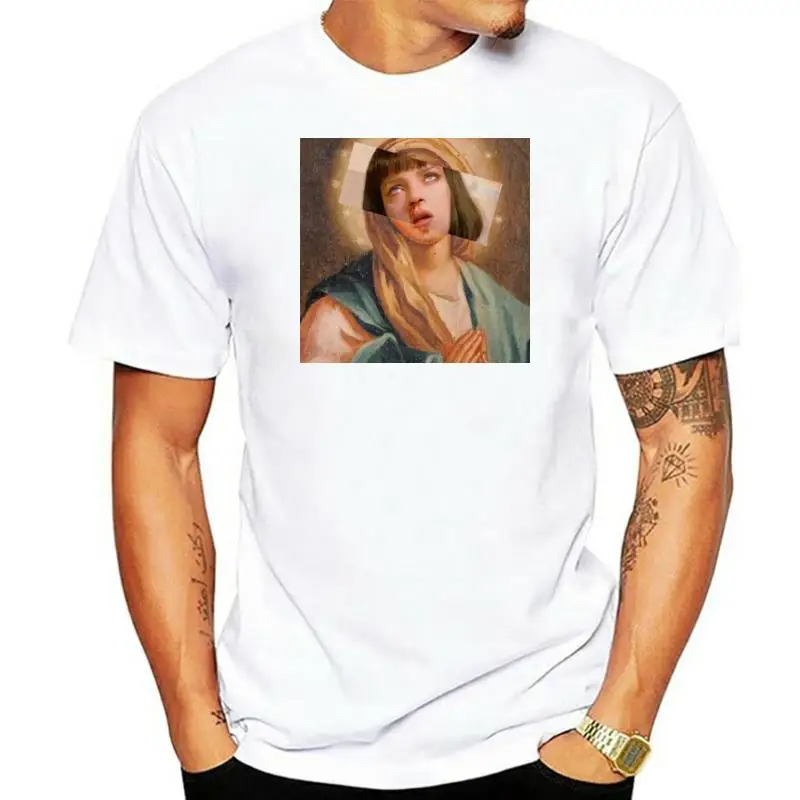 

Movie Pulp Fiction T Shirt Virgin Mary Wallace T Shirt Men Poster Saint T Shirt Male Quentin Tarantino Fans Top Tees 3Xl