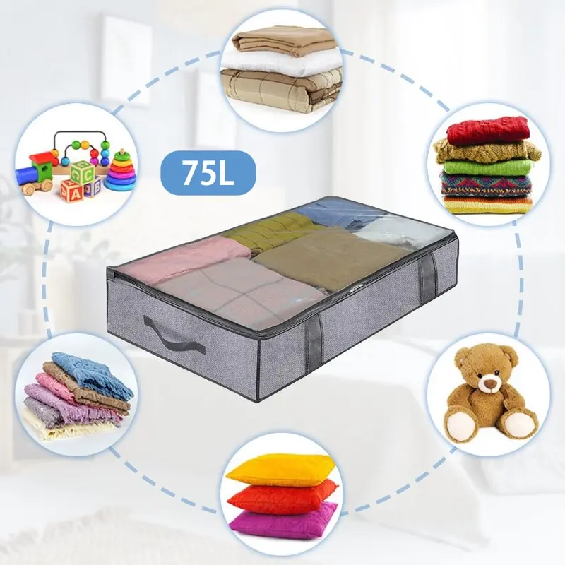 Underbed Clothing Organizer Clear Cover Foldable with Carry Handles Breathable Under the Bed