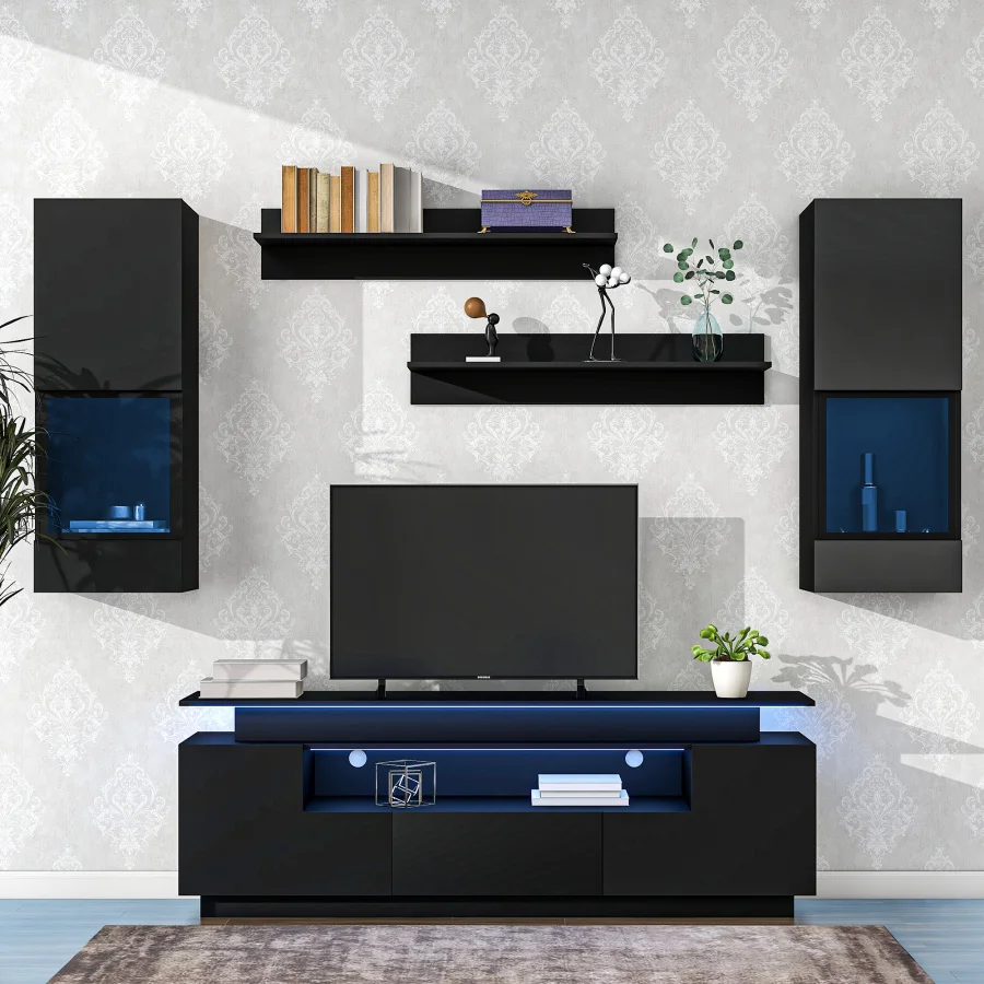 

Floating TV Stand Set, High Gloss Wall Mounted Entertainment Center with 16-color LED Light Strips